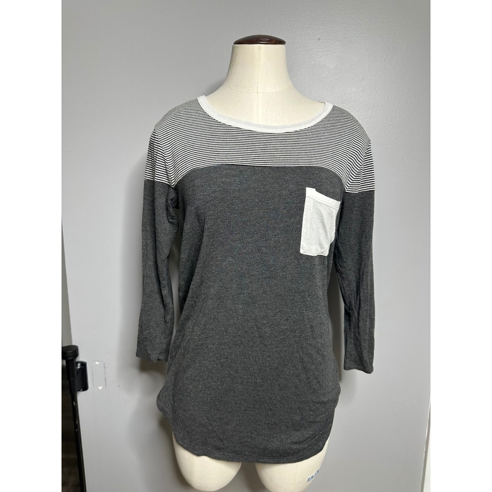 Loveappella Womens Gray Striped Colorblock Pocket Top Long Sleeve Size M